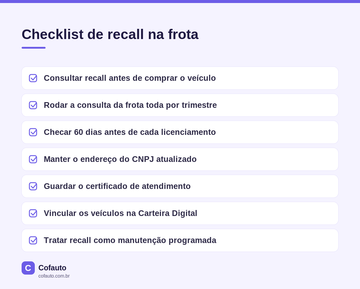 Checklist do Cofauto com sete itens de controle de recall na frota, como consultar antes de comprar o veículo e checar 60 dias antes do licenciamento